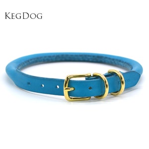 Rolled Leather Dog Collar with Buckle - 2cm or 1.2cm Width - Handstitched and Custom Built - Light Blue Leather