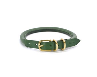 Rolled Green Leather - Buckle Dog Collar - Thin and Standard Widths - Handstitched, Custom Built