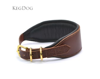 Padded Hound Collar - Brown Leather with Black Soft Leather Interior - Tooled Buckle Strap - Embossed Pattern