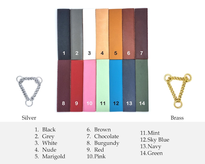 Op de afbeelding: Een productpresentatie met een zilveren en een messing kettingdriehoek, samen met kleurstalen genummerd 1-14. Kleuren zijn onder meer zwart, grijs, wit, nude, goudsbloem, bruin, chocolade, bordeaux, rood, roze, mint, hemelsblauw, marineblauw en groen.