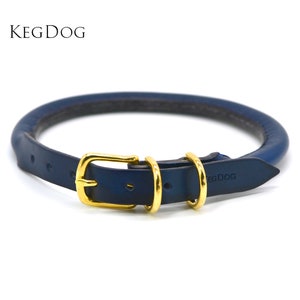 Rolled Leather Dog Collar with Buckle - 2cm or 1.2cm Width - Handstitched and Custom Built - Navy Blue Leather