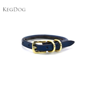 Thin Rolled Leather Collar - Small Dog & Puppy - 12mm wide - Prevents Fur Damage - Navy Blue Leather