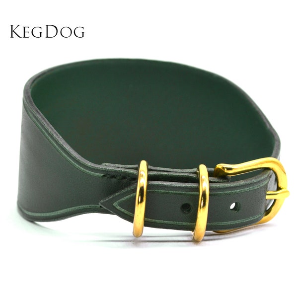 Leather Hound Collar - Curved Design - Whippet Collar - Wide Fit - Suitable for Greyhounds, Lurchers, Hounds - Dark Green Leather