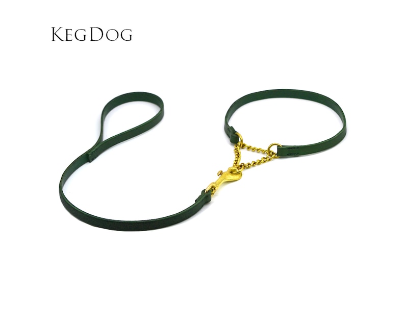 Op de afbeelding: Een donkergroene leren hondenriem en halsband set. De halsband is met een goudkleurige ketting en sluiting verbonden met de riem. De merknaam "KEGDOG" staat linksboven gedrukt.