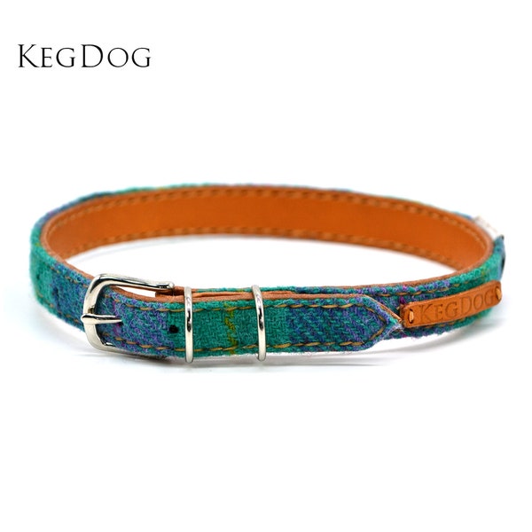 Bright Purple & Turquoise Harris Tweed Collar on Leather - Customisable - Hand Stitched Dog Collar