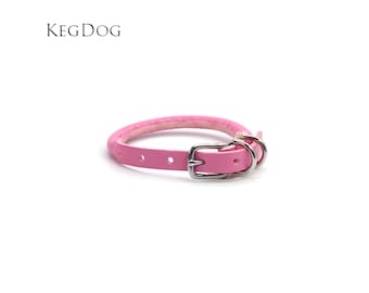 Thin Rolled Leather Collar - Small Dog & Puppy - 12mm wide - Prevents Fur Damage - Pink Leather