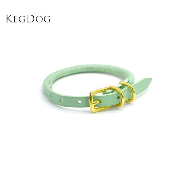 Thin Rolled Leather Collar - Small Dog & Puppy - 12mm wide - Prevents Fur Damage - Mint Green Leather