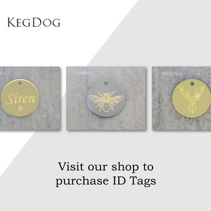 May include: Three round gold and silver dog ID tags with different designs. The first tag is gold and has the name "Siren" engraved on it. The second tag is silver and has a bee engraved on it. The third tag is gold and has a deer engraved on it. The tags are all engraved with the text "KEGDOG".