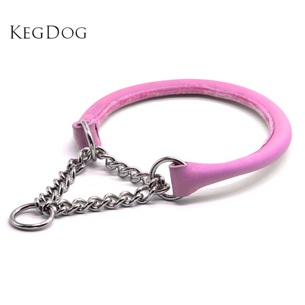 Martingale Lederhalsband gerollt - Handgenähtes Hundehalsband - Rosa Leder