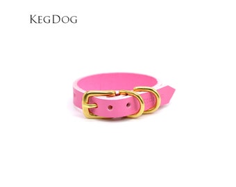 Thin, Flat Leather Buckle Collar - Leather Puppy Collar - Small Breeds & Toy Breeds - Pink Leather - Brass or Silver Traditional Buckle