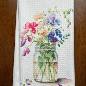Sweet Pea Bouquet in Jar White Decorative Waffle Weave Kitchen Bath Tea Towel