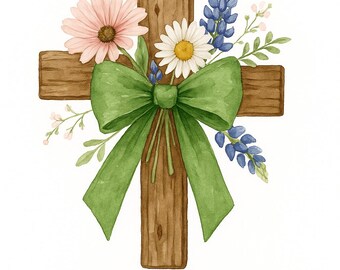 Puede incluir: Ilustración en acuarela de una cruz de madera adornada con flores rosas, blancas y azules, y un lazo verde. El texto "BE YE KIND, ONE TO ANOTHER" y "Ephesians 4:32" están en la parte superior, con "CAMP MYSTIC STRONG" en la parte inferior.