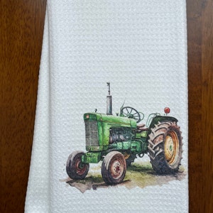 Green Tractor White Decorative Waffle Weave Kitchen Literature Tea Towel Farming