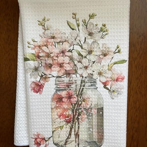 Cherry Blossom Bouquet White Decorative Waffle Weave Souvenir Tea/Guest/Bar/Hand/Multiuse Towel.