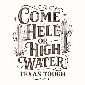 May include: A brown and white graphic with the text "Come Hell or High Water Texas Tough." Two cacti flank the text, with decorative flourishes and stars. The design has a vintage, Western aesthetic.