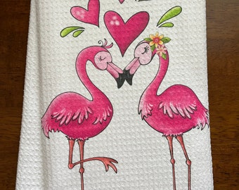Flamingo Love White Decorative Printed Waffle Kitchen Bath Tea Towel