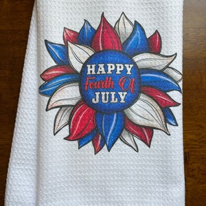 Happy Fourth Of July Sunflower White Decorative Waffle Kitchen Bath Tea Towel
