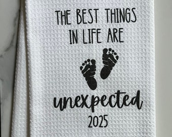 Best Things Are Unexpected Baby Announcement 2025 White Decorative Printed Waffle Kitchen Bath Tea Hand Towel Design
