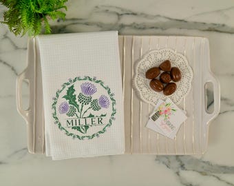 Scotland's National Emblems - Scottish Thistles 5 Designs On A White Decorative Waffle Weave Kitchen Hand Souvenir Towel
