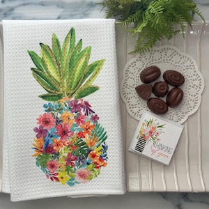Pineapple With Beautiful Floral Tropical Fruit Kitchen Towel | Gold Glitter Trimmed Pineapple | Tropical Flowers | Hawaiian Decor |
