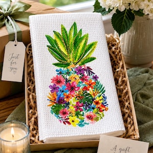Toalla de cocina con piña y hermosas frutas tropicales florales / Piña con adornos de purpurina dorada / Flores tropicales / Decoración hawaiana /
