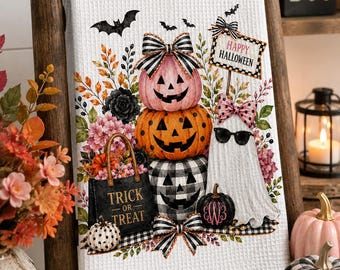 Cute Halloween Pumpkin Tea Towel | White Waffle Weave Kitchen Towel | Preppy Halloween Decor | Fall Hostess Gift | Halloween Hostess Gifts