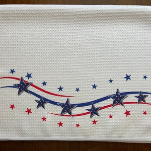 Stars and Ribbons White Decorative Waffle Guest Bar Kitchen Bath Tea Towel Multipurpose Patriotic 4th Of July Towel