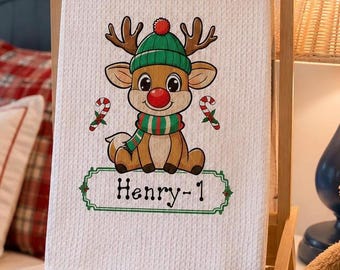 Personalized Reindeer Christmas Tea Towel | Custom Kids Christmas Kitchen Towel | Holiday Hand Towel | Christmas Gift | Guest Bath Decor