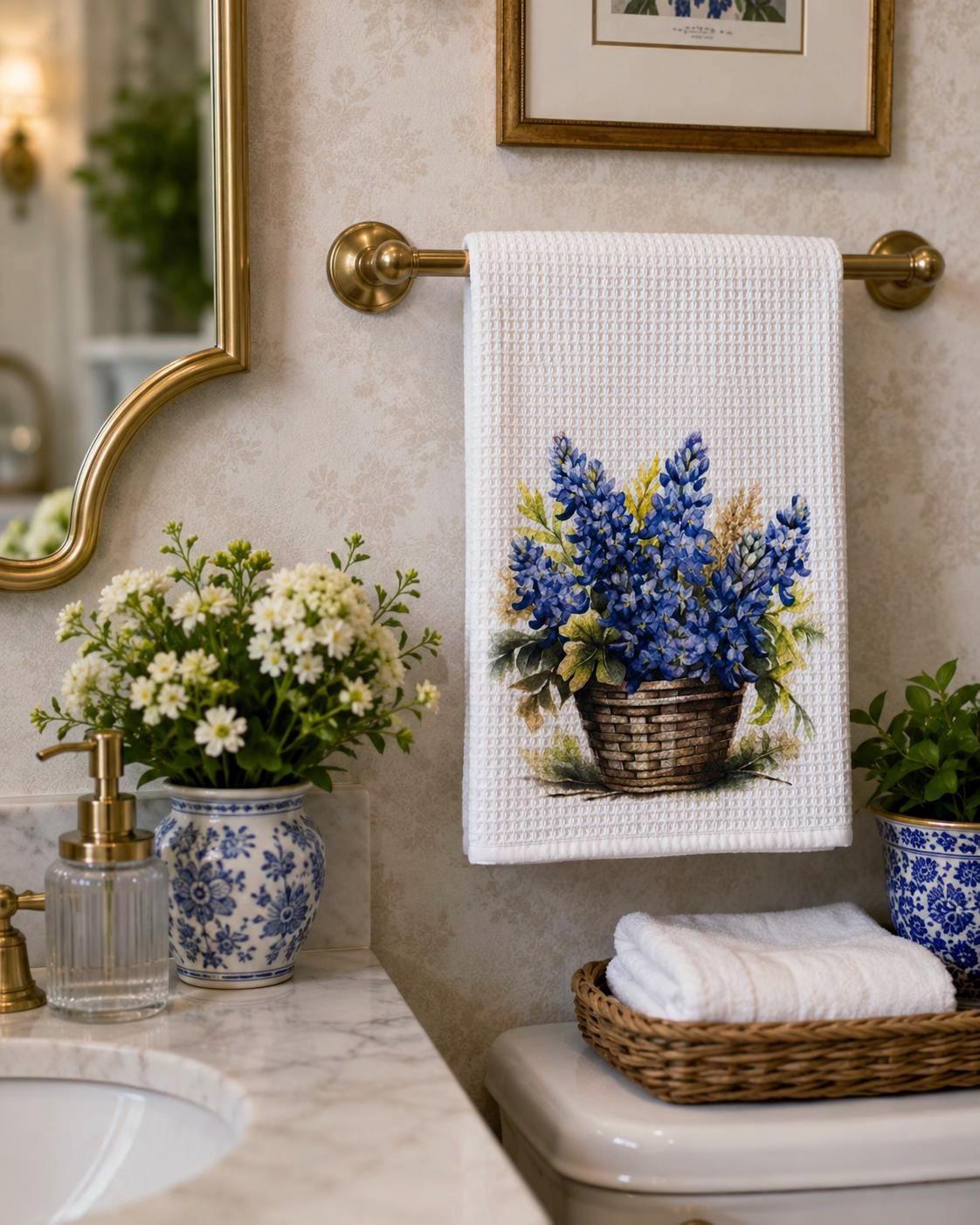 ウォールアート Tuscan/Navy 花柄 フローラル ゲルコート　Ⓣ Texas Bluebonnet Tea Towel | Wildflower Kitchen Towel | Texas