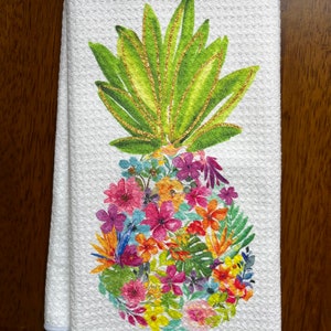 Beautiful Floral Tropical Pineapple Fruit White Decorative Waffle Weave Kitchen Bath Hand Tea Guest or Hawaiian Souvenir Towel