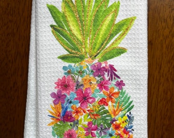 Beautiful Floral Tropical Pineapple Fruit White Decorative Waffle Weave Kitchen Bath Hand Tea Guest or Hawaiian Souvenir Towel