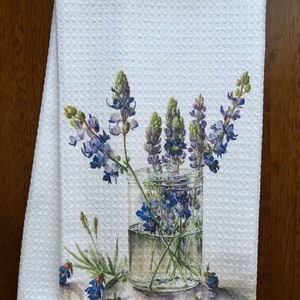 Texas Bluebonnets Bouquet In Jar White Waffle Decorative Kitchen/Bath/Hand/Bar/Golf/Guest Tea Towel