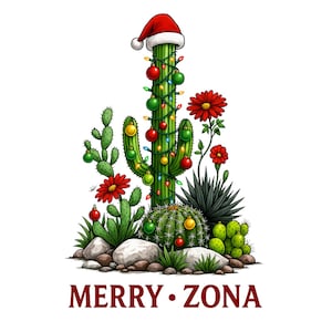 May include: A festive illustration of a cactus decorated for Christmas, wearing a Santa hat and strung with lights and ornaments. The image includes the text "MERRY • ZONA" in a festive font, surrounded by other cacti and red flowers.