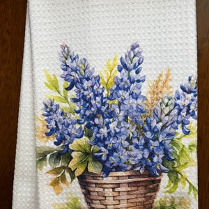 Basket of Texas Bluebonnet Flowers White Waffle Decorative Kitchen/Bath/Hand/Bar/Golf/Guest Tea Towel Design