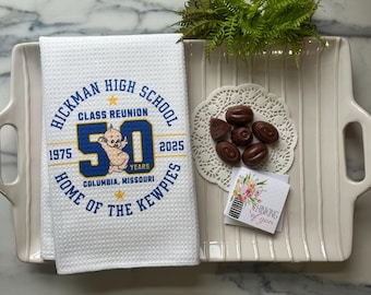 Personalized Class Reunion Tea Towel | 50th High School Reunion Souvenir Gift | Custom Alumni Keepsake | Waffle Kitchen Towel