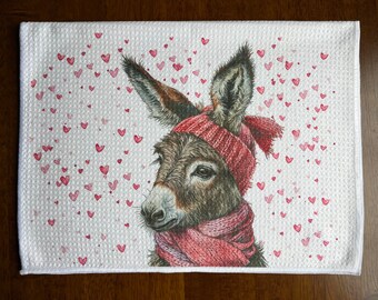 Nestor The Donkey Valentine’s Hearts White Decorative Waffle Kitchen Or Bath Tea Towel