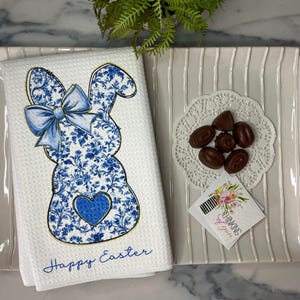 Happy Easter Bunny Hand Towel | Floral Chinoiserie Bunny | Grand Millennial Blue or Pink Toile Easter Bunny | Easter Coquette | Hostess Gift