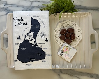 Block Island Nautical Souvenir White Decorative Waffle Weave Kitchen/Bath/Hand/Bar/Golf/Guest/Sports/Multipurpose/Tea Towel
