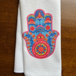Hamsa Hand Orange, Blue And Red White Decorative Waffle Kitchen Bath Tea Towel