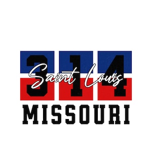 May include: A white background with a graphic design featuring the text "Saint Louis" in a cursive font, above the numbers "314" in a block design with red and blue squares. The word "MISSOURI" is printed below.