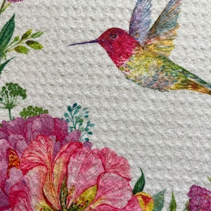 Nanny’s Hummingbird And Pink Flowers White Waffle Style Decorative Kitchen Bath Tea Hand and Multiuse Towel Design