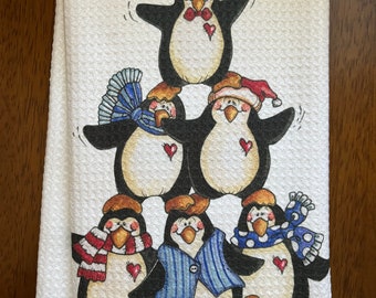 Penguin Pryamid Design On White Decorative Waffle Weave Tea/Guest/Bar/Hand/Multiuse/Souvenir Towel.