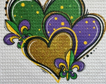 Mardi Gras Hearts White Decorative Printed Waffle Kitchen Bath Tea Towel