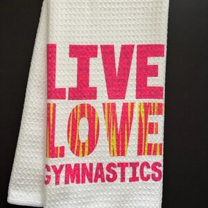 Live Love Gymnastics White Decorative Printed Waffle Athletic Sweat Tea Towel