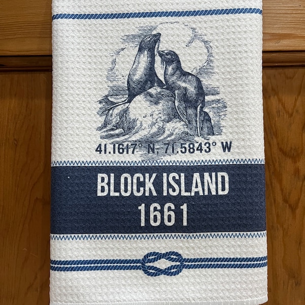 Block Island Seals White Decorative Waffle Weave Kitchen Bath Golf Guest  Tea Hand Souvenir Towel Design