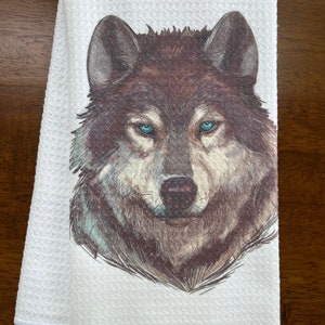 Wolf With Blue Eyes White Decorative Waffle Tea Towel