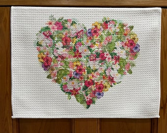 Floral Valentine’s Heart White Decorative Waffle Kitchen Or Bath Tea Towel