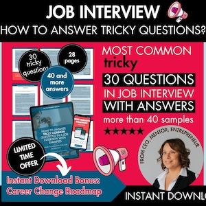 Guía para entrevistas de trabajo / Responder preguntas difíciles / 40 ejemplos de respuestas / Cómo prepararse para entrevistas de trabajo / Confianza para un cambio de carrera / Nuevo trabajo
