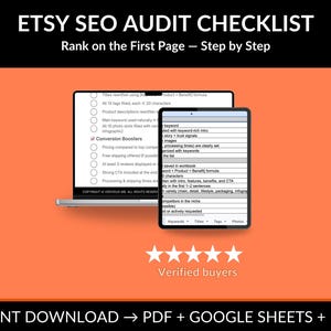 May include: An Etsy SEO Audit Checklist displayed on a laptop and tablet, with the text "ETSY SEO AUDIT CHECKLIST" at the top. The checklist includes steps for optimising listings. The image also includes the text "Rank on the First Page - Step by Step".