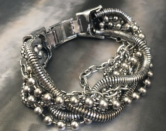 statement link bracelet,boho chic bracelet,layer rocker bracelet multi line bracelet set wide chains bracelet silver wrap chains bracelet